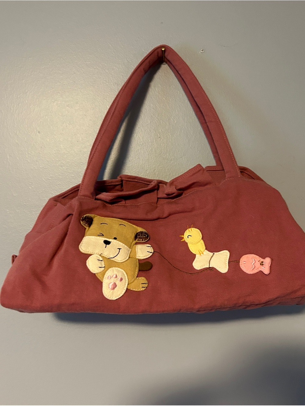 Pet Shop Appliqué Mauve Shoulder Bag with Dog Duck Fish Ruffle